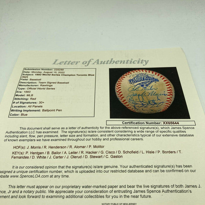 1993 Toronto Blue Jays World Series Champs Team Signed W.S. Baseball JSA COA