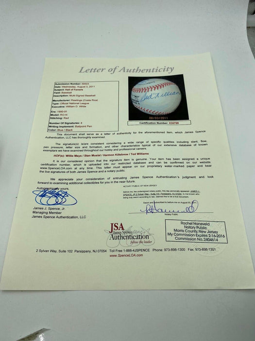 Ted Williams Willie Mays Stan Musial Harmon Killebrew Signed Baseball JSA COA