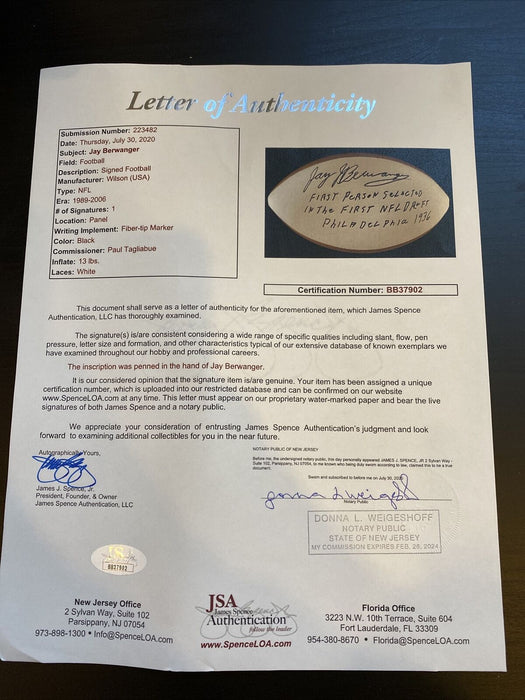 Jay Berwanger Signed Heavily Inscribed NFL Football JSA COA First Heisman Trophy