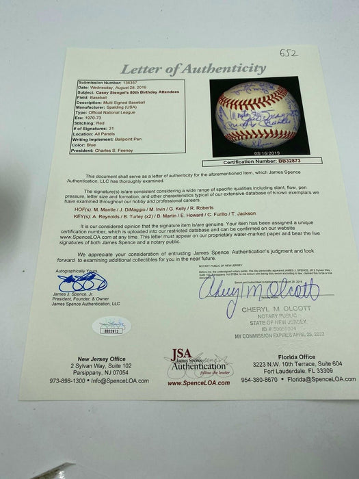 Casey Stengel 80th Birthday Signed Baseball Mickey Mantle & Joe Dimaggio JSA COA
