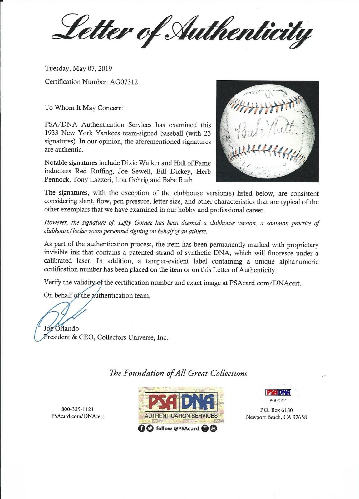 Tony Lazzeri Single Signed Autographed 1920's Baseball With PSA DNA COA