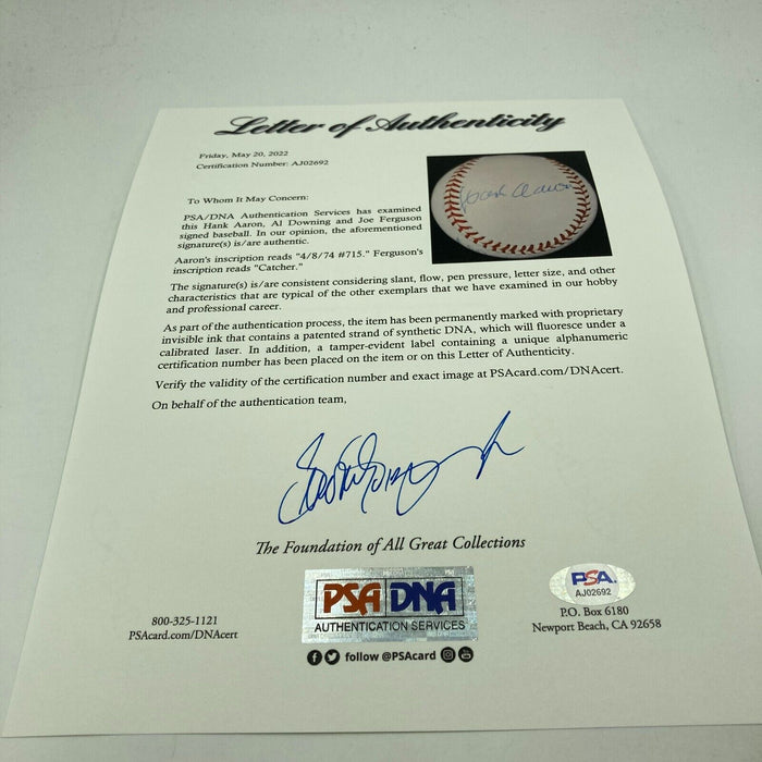 Hank Aaron Al Downing Joe Ferguson 715th Home Run 4-8-1974 Signed Baseball PSA