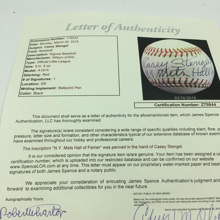 Beautiful Casey Stengel "Hall Of Fame" Single Signed Baseball With JSA COA