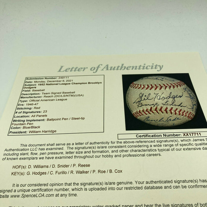 Beautiful 1952 Brooklyn Dodgers NL Champs Team Signed Baseball Gil Hodges  JSA