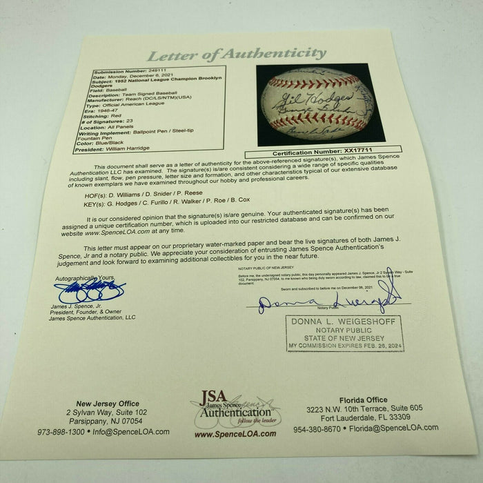 Beautiful 1952 Brooklyn Dodgers NL Champs Team Signed Baseball Gil Hodges  JSA