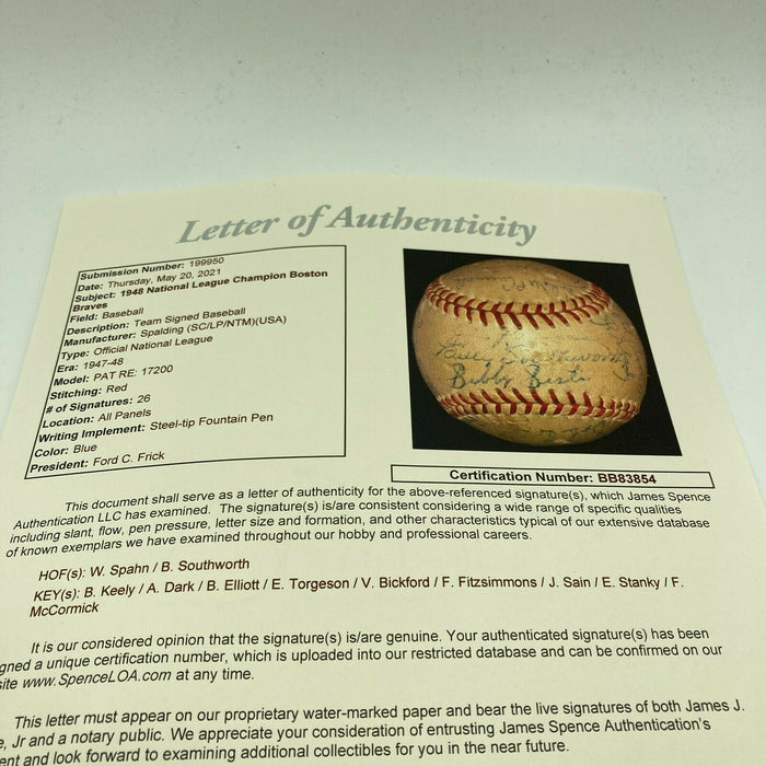 1948 Boston Braves National League Champs Team Signed Baseball JSA COA