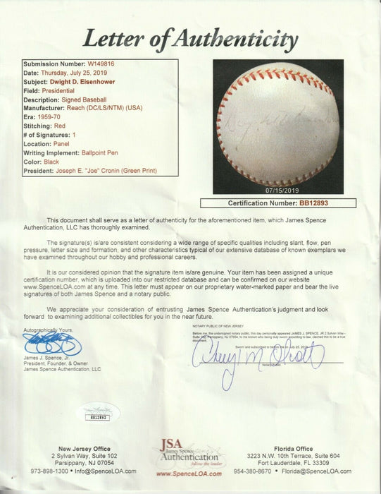President Dwight D. Eisenhower Single Signed American League Baseball JSA COA