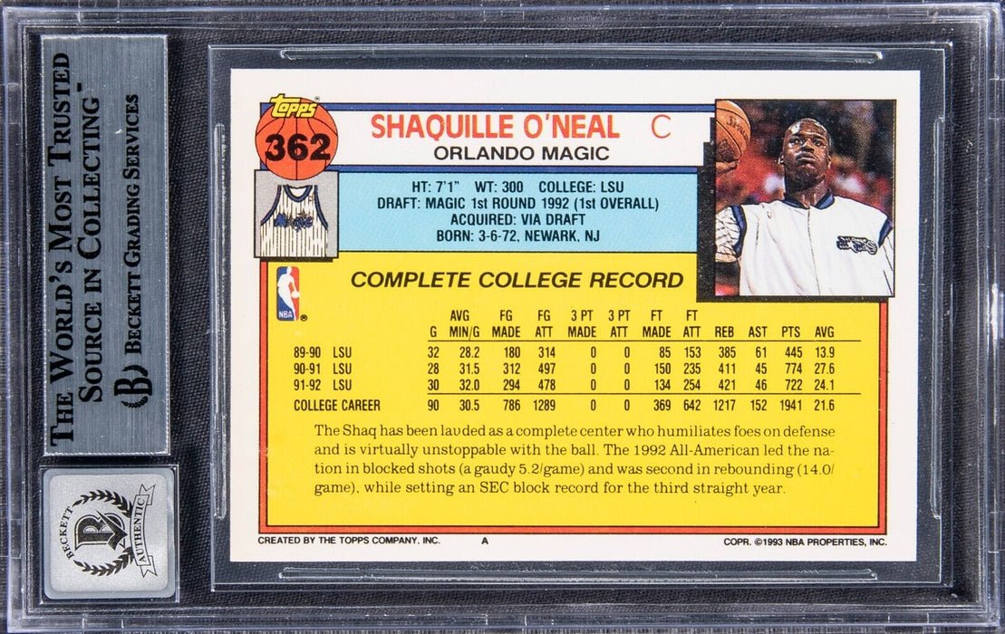 1992-93 Topps #362 Shaquille O'Neal Signed Rookie Card BGS 10 Auto