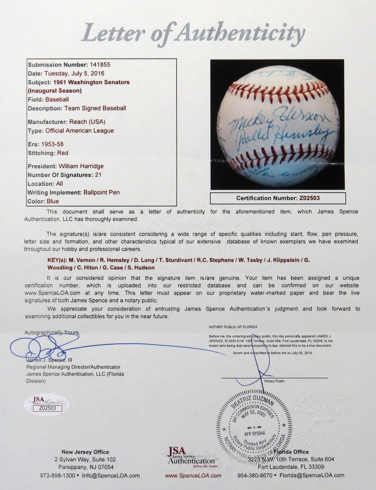 Beautiful 1961 Washington Senators Team Signed Baseball Inaugural Season  JSA COA