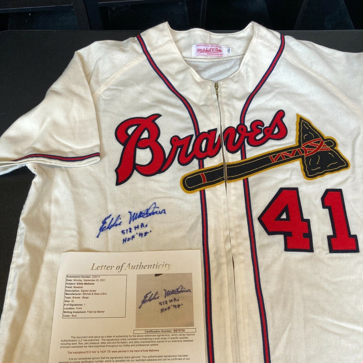 Beautiful Eddie Mathews 512 Home Runs Signed Authentic Braves Jersey JSA  COA