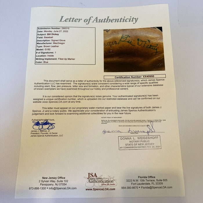 Bill Dickey Signed 1940's Game Model Baseball Glove Catchers Mitt JSA COA