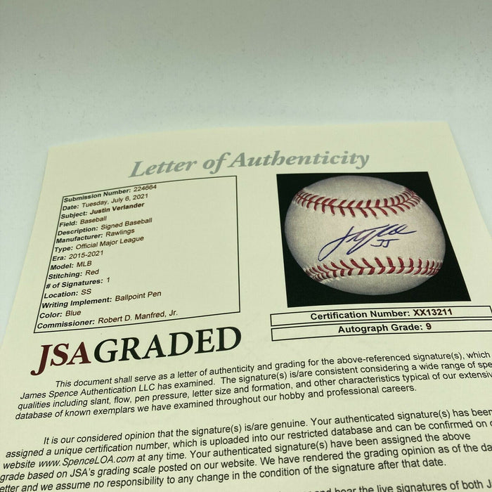 Beautiful Justin Verlander Signed Major League Baseball JSA COA Graded MINT 9