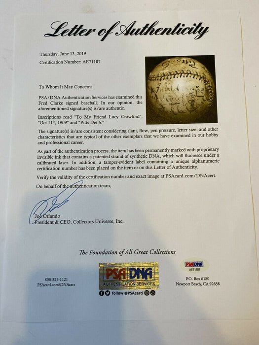Historic 1909 World Series Game Used Baseball Fred Clarke Signed & Inscribed PSA