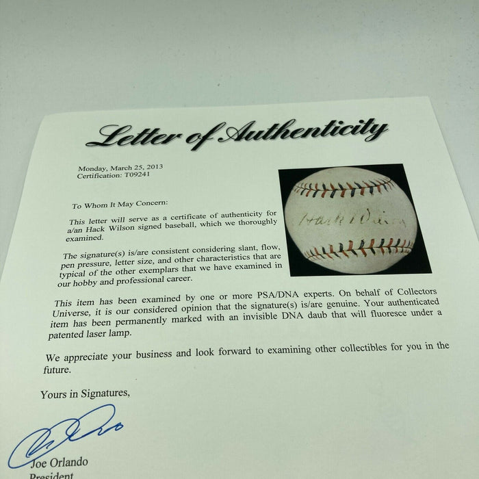 The Finest Hack Wilson Single Signed 1930 National League Baseball PSA DNA COA