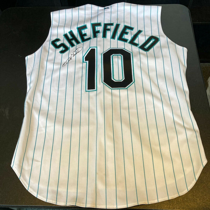 Gary Sheffield Twice Signed Authentic Florida Marlins Game Model Jersey JSA COA