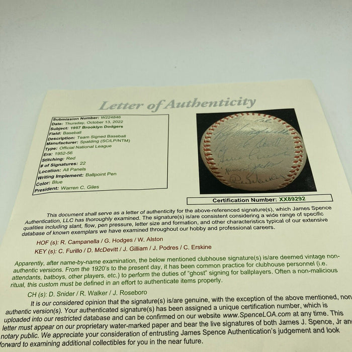 Beautiful 1957 Brooklyn Dodgers Final Season Team Signed Baseball JSA COA