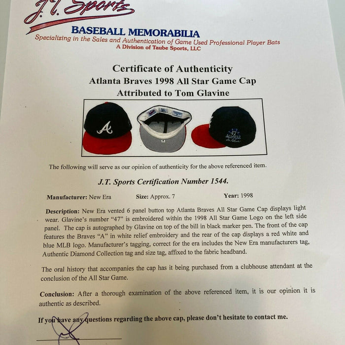 Tom Glavine Signed Game Used 1998 All Star Game Hat With JSA & J.T. Sports COA