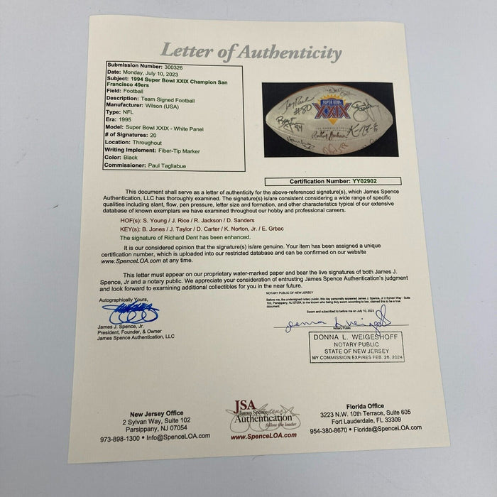 1994 San Francisco 49ers Super Bowl Champs Team Signed Football JSA COA