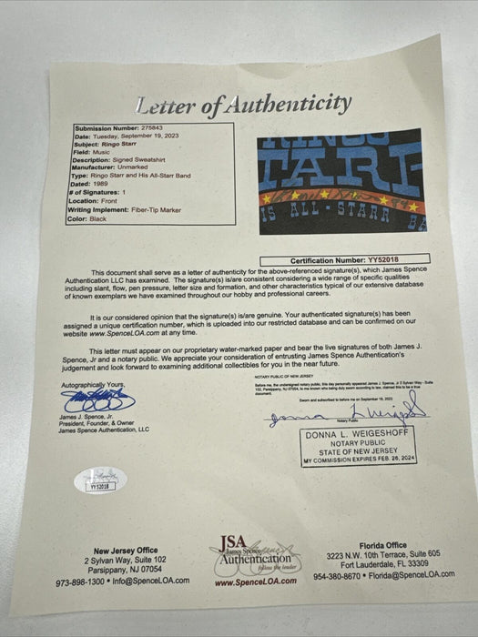 Ringo Starr Signed Black 1989 Japan Tour Sweater JSA COA