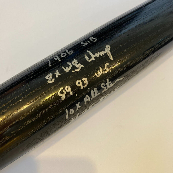 Rickey Henderson Signed Heavily Inscribed STATS Game Model Baseball Bat JSA