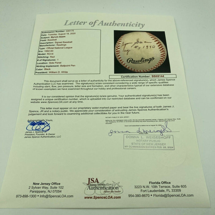 By Saam HOF 8-5-1990 Single Signed Baseball Philadelphia Phillies JSA COA RARE