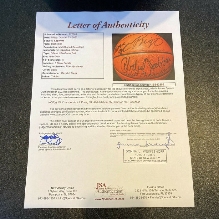 Wilt Chamberlain Kareem Abdul Jabbar Dr. J Magic Johnson Signed Basketball JSA
