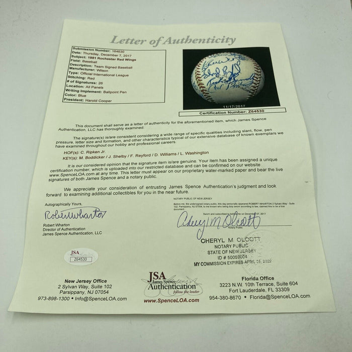 1981 Rochester Red Wings Signed Baseball Cal Ripken Jr. Longest Game In History