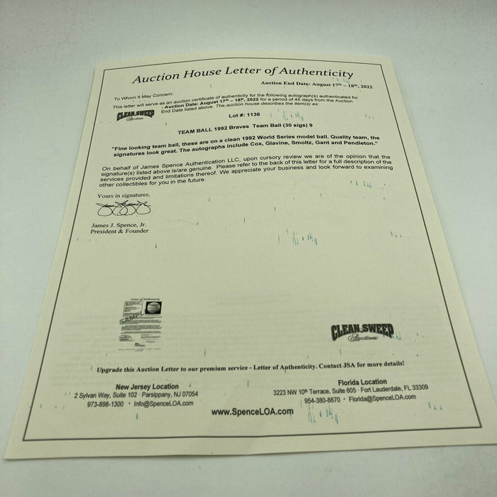 1992 Atlanta Braves NL Champs Team Signed Official World Series Baseball JSA COA