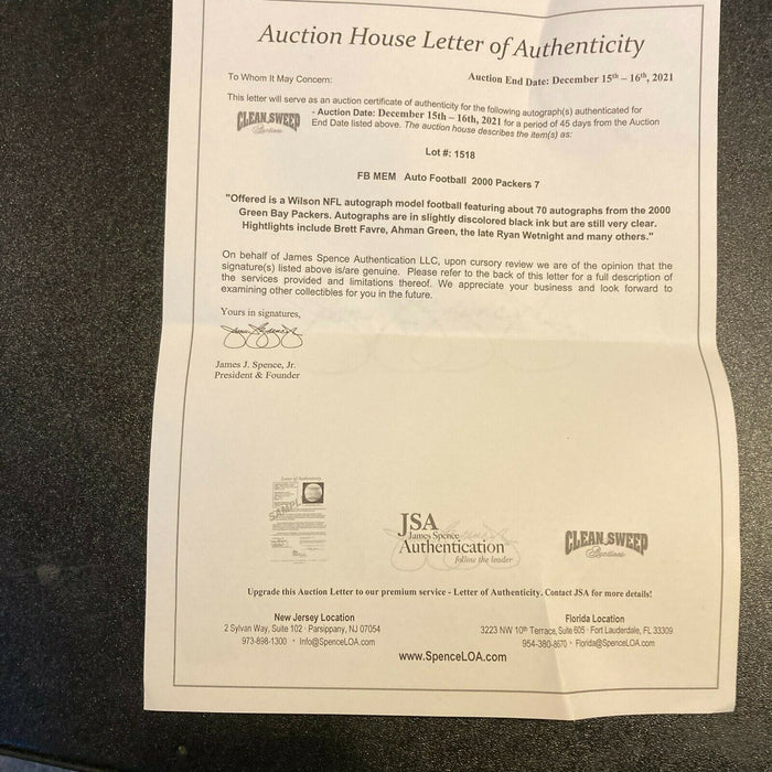 2000 Green Bay Packers Team Signed Wilson NFL Football Brett Favre With JSA COA