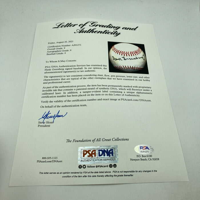 Beautiful Hank Greenberg Single Signed Baseball PSA DNA Graded MINT 9