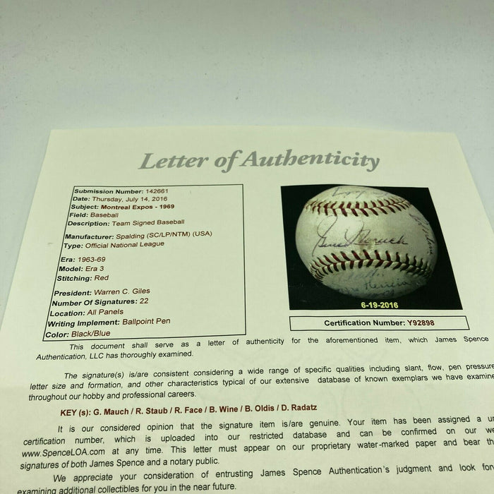 1969 Montreal Expos Inaugural Season Team Signed National League Baseball JSA