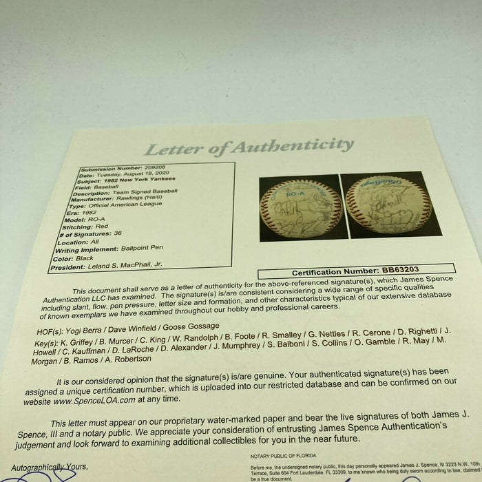 1982 New York Yankees Team Signed Official American League Baseball JSA COA