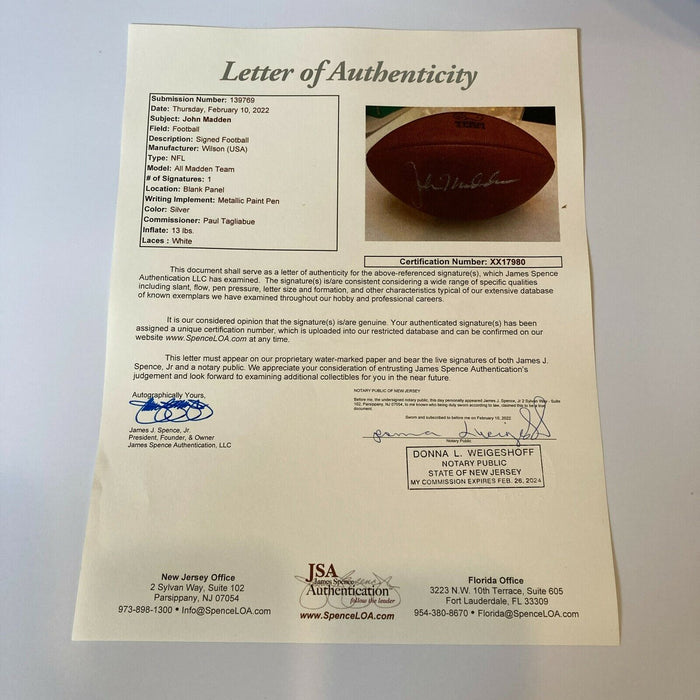 John Madden Signed Autographed Wilson NFL All-Madden Team Football JSA COA
