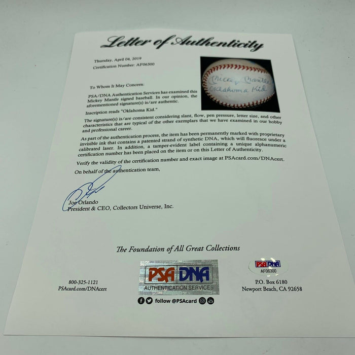 Mickey Mantle "Oklahoma Kid" Single Signed Inscribed Baseball PSA DNA COA