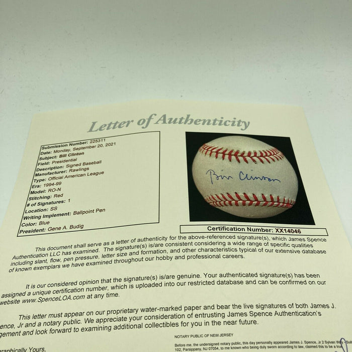 President Bill Clinton Signed 1990's American League Baseball With JSA COA