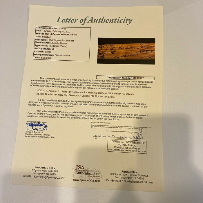 Hall Of Fame Legends Multi Signed Baseball Bat With 20+ Sigs JSA COA