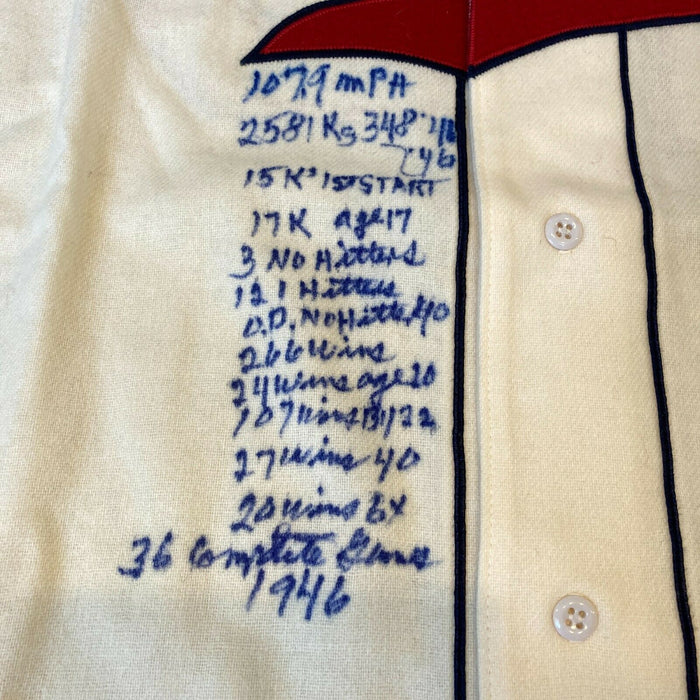 Stunning Bob Feller Signed Heavily Inscribed Cleveland Indians STAT Jersey JSA