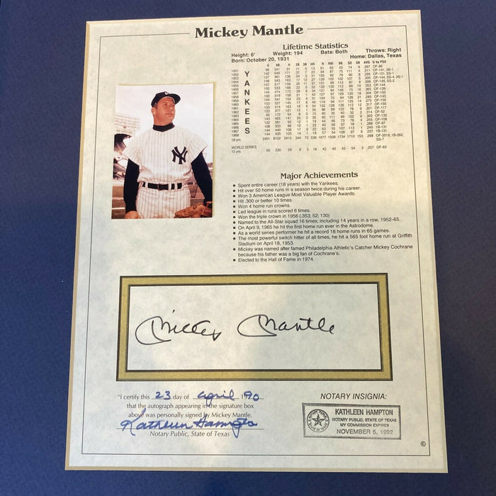 Mickey Mantle Signed Autographed Lifetime Stats Sheet Matted Notarized