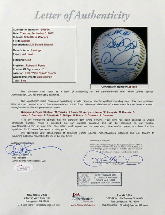 Derek Jeter Albert Pujols Ichiro Suzuki Gold Glove Multi Signed Baseball JSA COA
