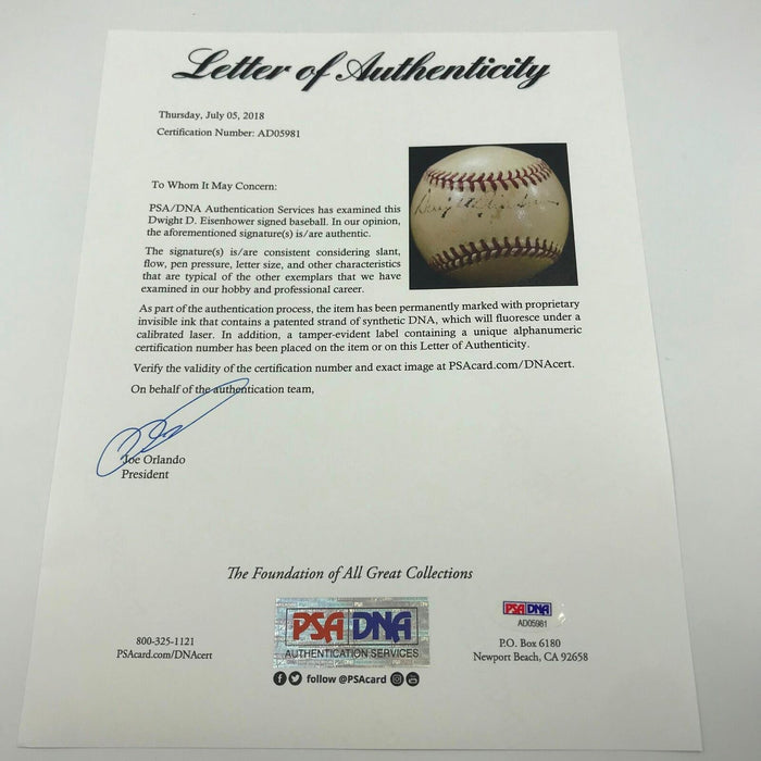 President Dwight D. Eisenhower Single Signed 1950's  Baseball With PSA DNA COA