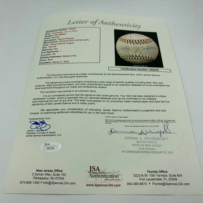 1967 Don Wilson No-Hitter Game Used Single Signed Baseball With JSA COA RARE