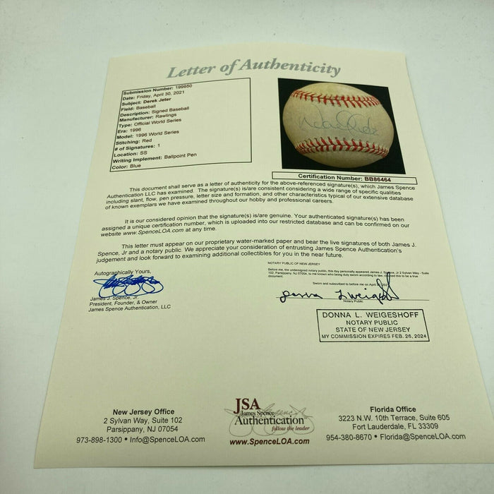 Derek Jeter Rookie Signed Official 1996 World Series Baseball With JSA COA