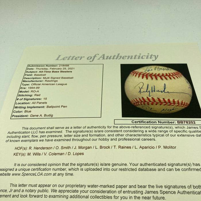 Extraordinary 500 Stolen Base Club Signed Baseball 15 Sigs Henderson Brock JSA