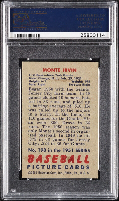 Monte Irvin Signed 1951 Bowman RC #198 PSA 10 Auto
