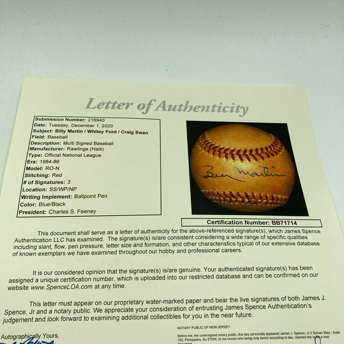 Billy Martin & Whitey Ford Signed Official National League Baseball JSA COA