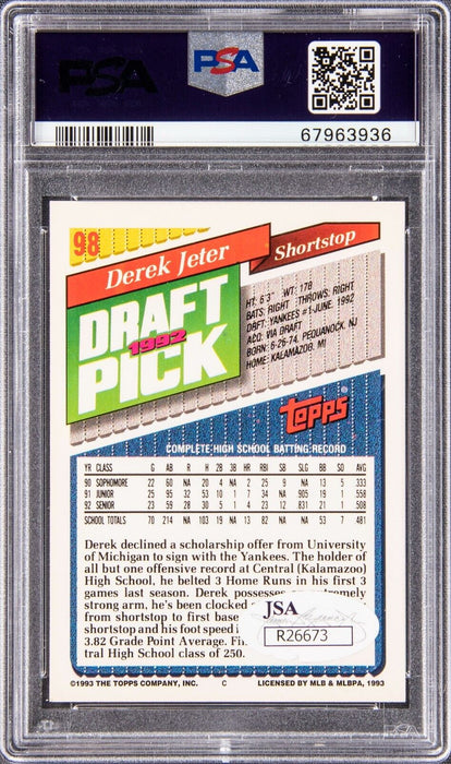 1993 Topps Draft Pick #98 Derek Jeter Signed RC Card PSA 8 Pre Rookie Signature