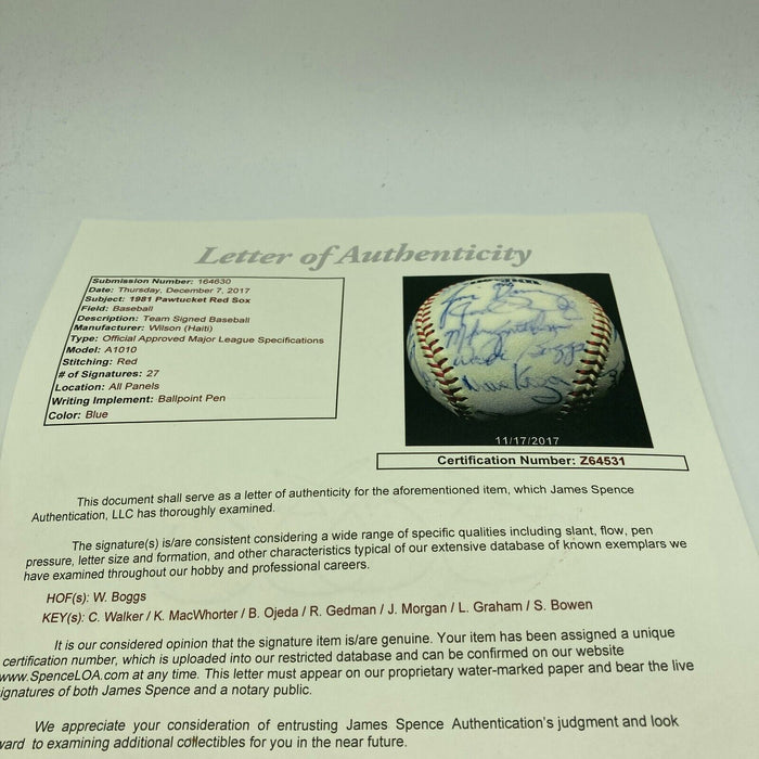 1981 Pawtucket Red Sox Signed Baseball Wade Boggs Longest Game In History JSA