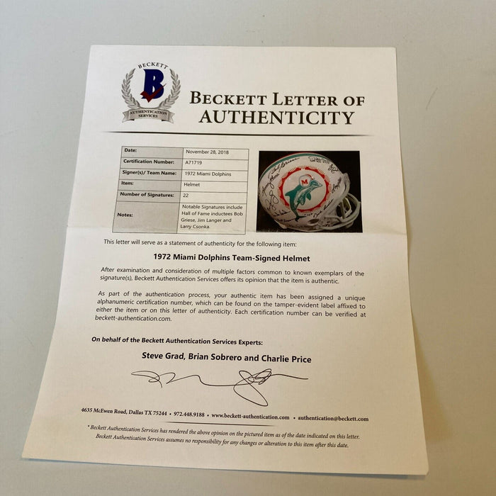 1972 Miami Dolphins Super Bowl Champs Team Signed Full Size Helmet Beckett COA