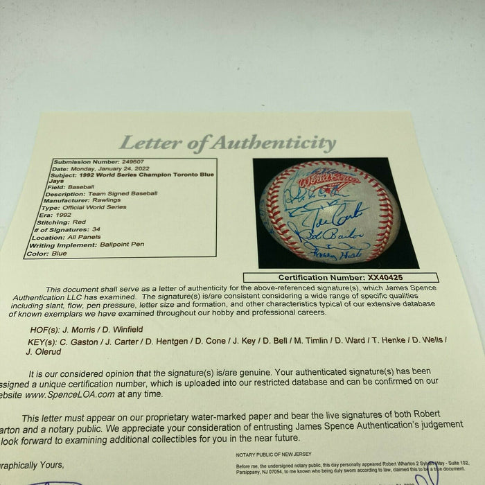1992 Toronto Blue Jays World Series Champs Team Signed W.S. Baseball JSA COA