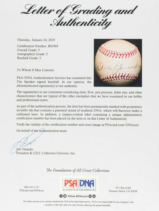 Tris Speaker Single Signed Autographed Baseball With PSA DNA COA